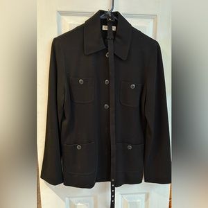 Ann Taylor petites lined black button jacket with belt.  28”long